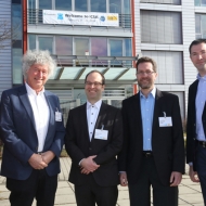 The conference chairs of ICSA 2014: Prof. Malte Kob (HfM Detmold), Dr. Günther Theile (VDT), Dr. Andreas Silzle (Fraunhofer IIS), Prof. Jürgen Herre (International Audio Laboratories Erlangen), Prof. Emanuël Habets (International Audio Laboratories Erlangen). ©Fraunhofer IIS/Kurt Fuchs