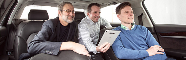 Left to right: Developed by Harald Popp, Oliver Hellmuth and Jan Plogsties, the software solutions Cingo® and Symphoria® create 3D surround sound in vehicles and on mobile devices. | ©Dirk Maher/Fraunhofer